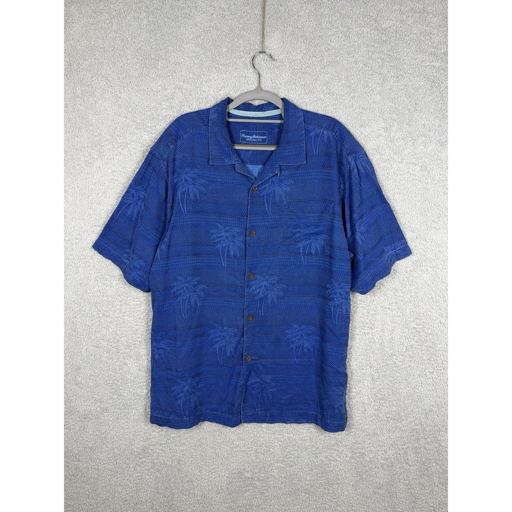 Tommy Bahama 100% Silk Camp Shirt Blue Palm Tree Jacquard Men's Size L